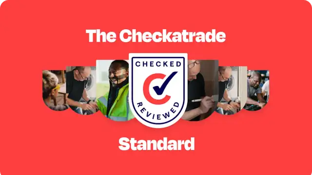 The Checkatrade Standard badge with photos of tradespeople on a red background