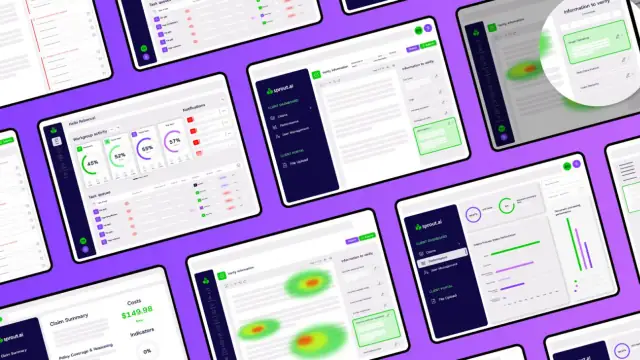 Screens from the Sprout.ai claims platform laid out on a purple background