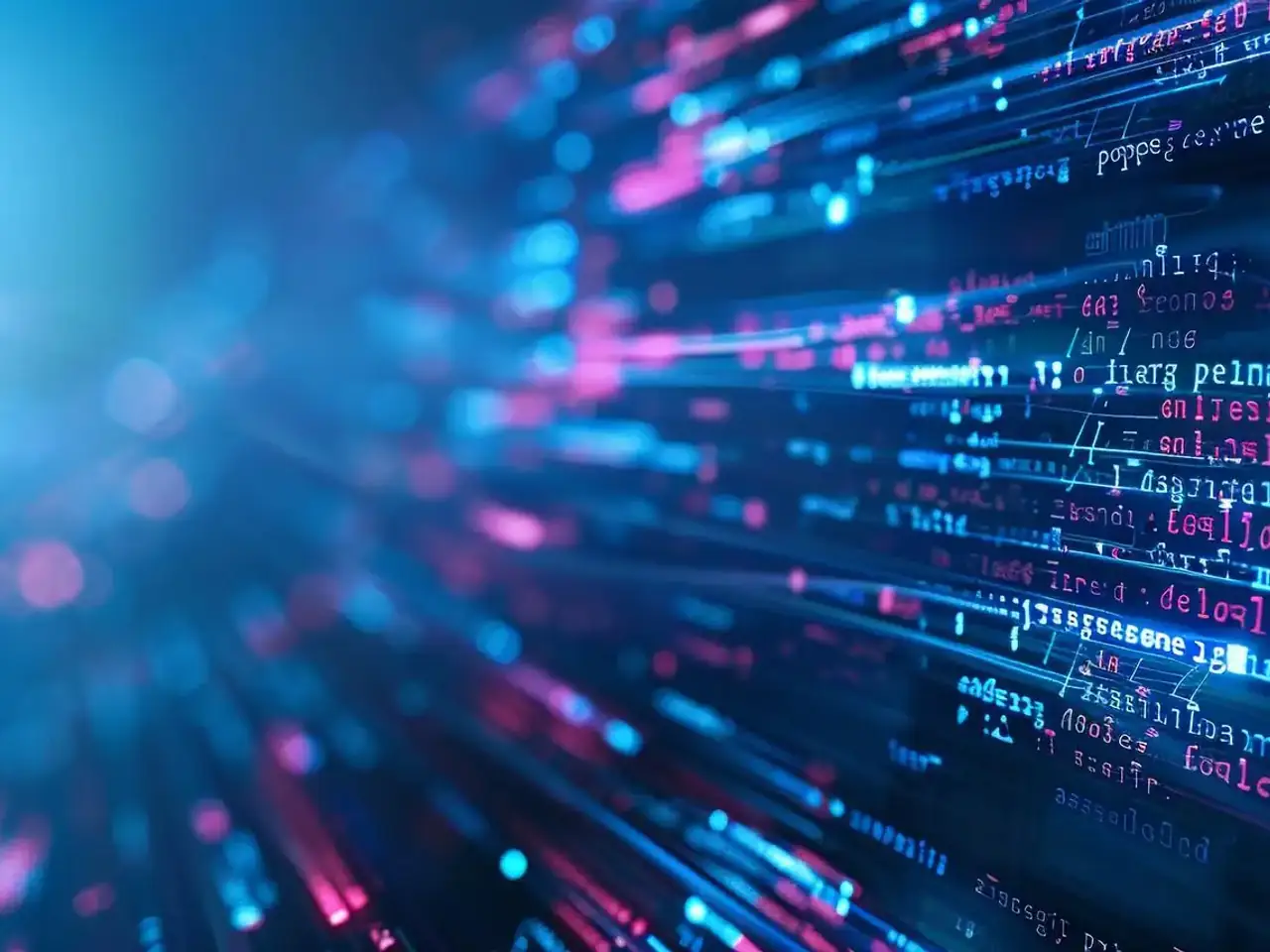 Close-up of source code on a laptop screen in blue and orange light